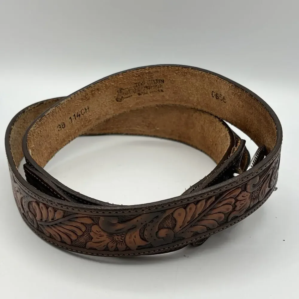 Justin Men’s Brown Leather Ranger Belt Silver Tone Accents Size 38 USA 114CH
